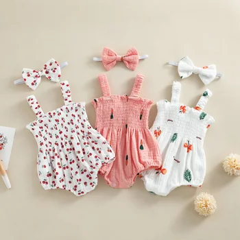 Sleeveless Fruit/Tree Print Romper with Matching Headband 1