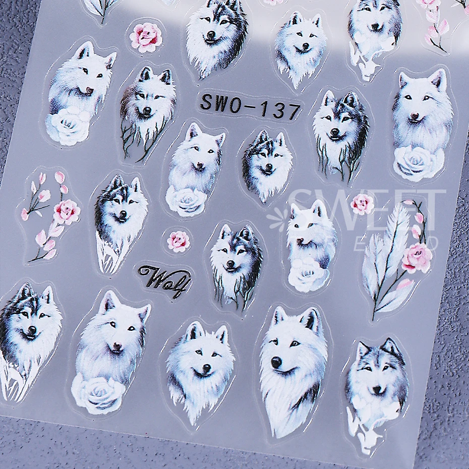 2pcs Cartoon Nail Stickers Winter Wolf Penguin Snowflake Rose Design Self Adhesive Sliders Nail Art Decals Manicure Decoration