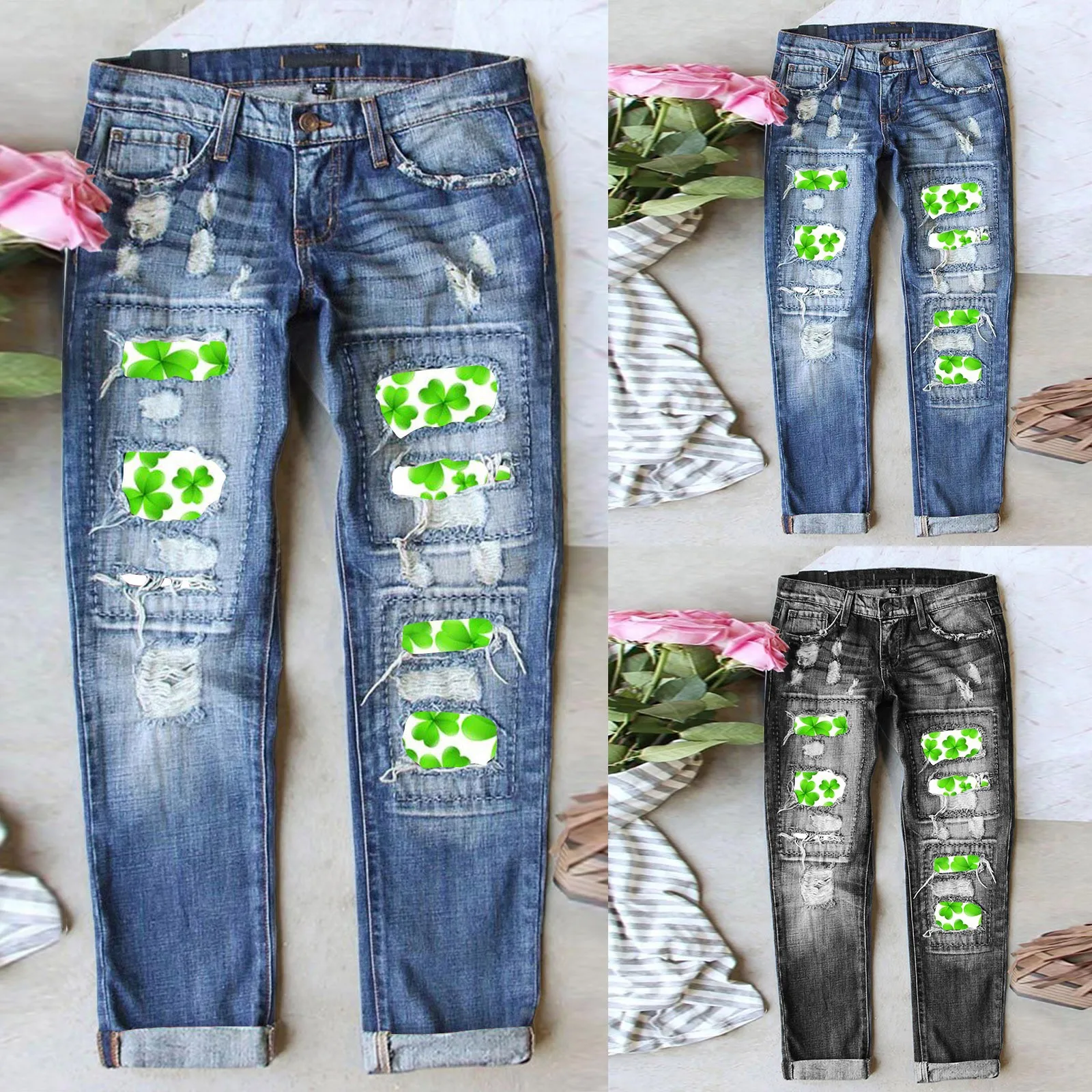 

Women's Ripped Jeans St-Patrick-Day Trousers Irish-National-Day Bottoms Female straight Jean Clover-Graphic Green Streetwear