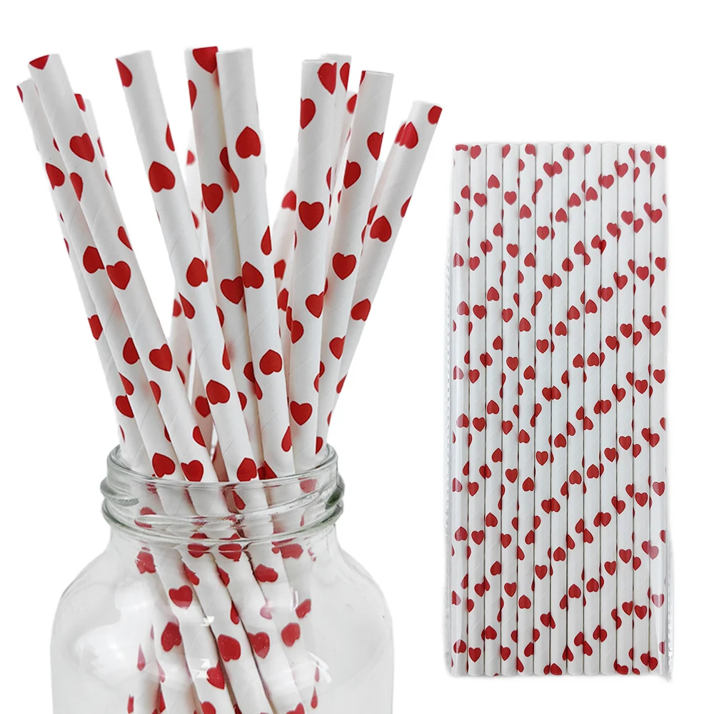 25/50/100 Stück Valentinstag-Partygeschenke, Papierstrohhalme, rotes Liebesherz, biologisch abbaubare Trinkhalme für Valentinstag-Hochzeitsdekorationen
