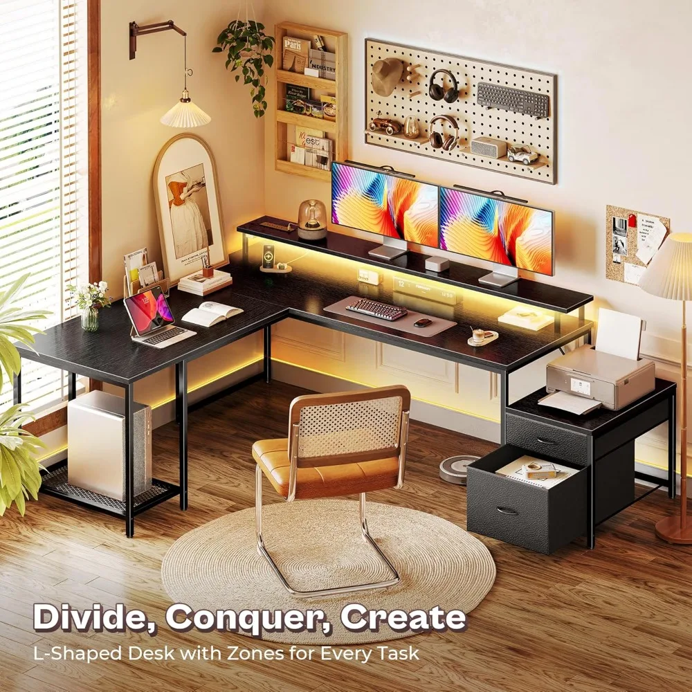 L-Shaped Gaming Desk with LED Lights, Power Outlets, Drawers & Printer Stand - Black