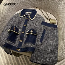  Small Fragrance Elegant Skirt 2 Piece Set Women 2022 Fashion Single Breasted Cropped Jacket And a-Line Skirt Suit Vintage Outfit 