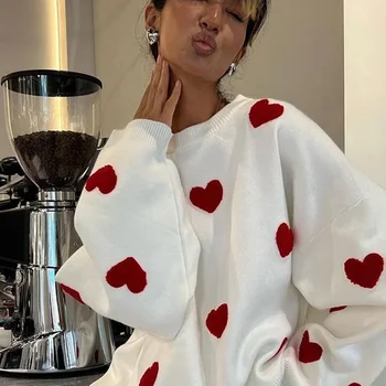 여성용 러브 자수 스웨터, O-넥 따뜻한 긴 소매 점퍼, 여성 캐주얼 루즈 니트 풀오버, 가을 겨울 패션