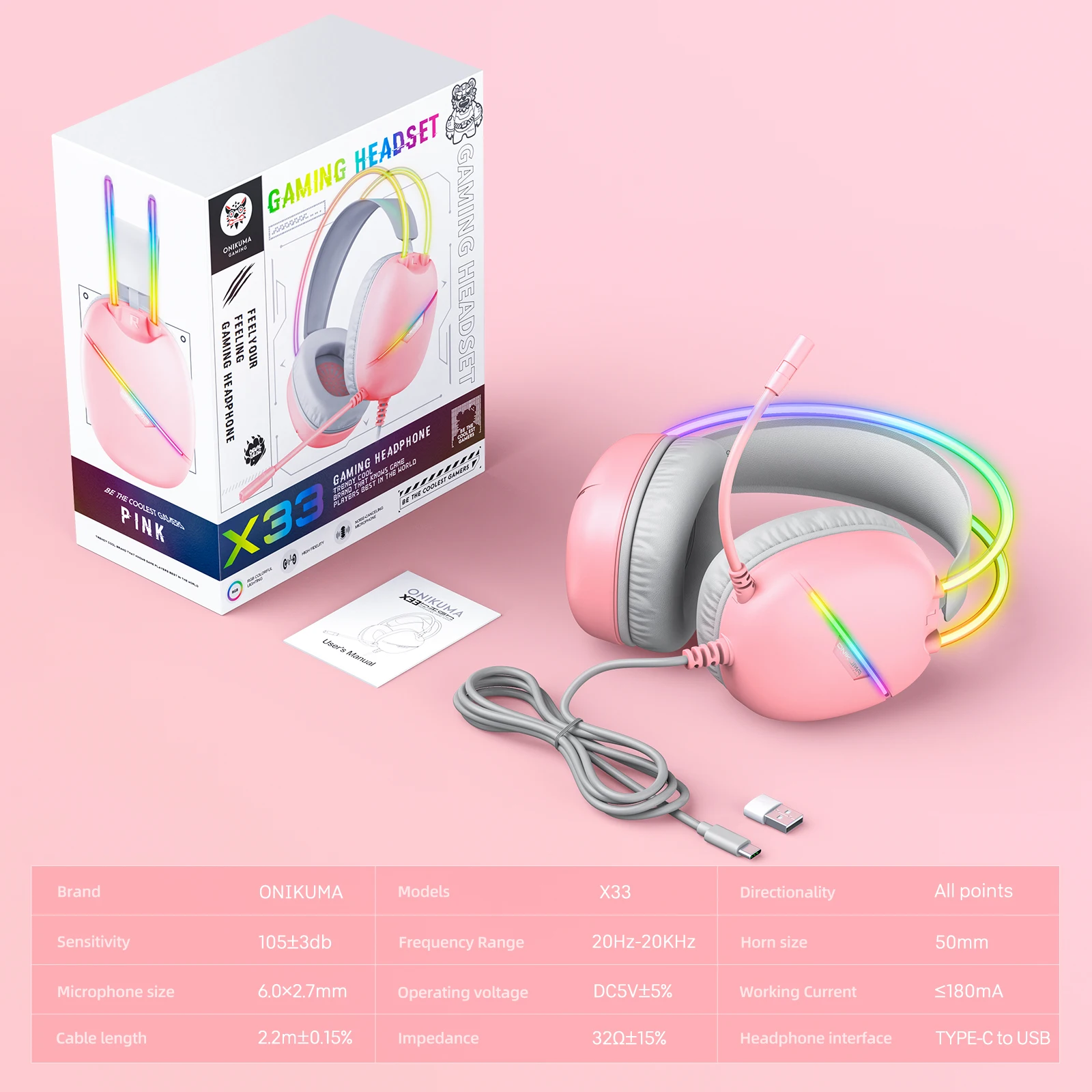 ONIKUMA X33 Gaming-Headset, kabelgebunden, kompatibel mit PC und PS4, mit RGB-Beleuchtung, HD-Mikrofon und flexiblem Ohrhörer für Computer_voghion.com