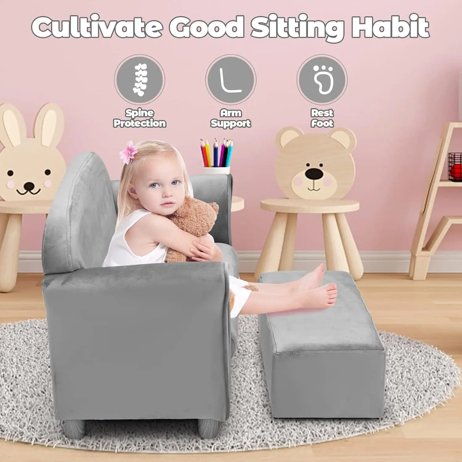 Kids Sofa with Ottoman, 2 Seat Toddler Upholstered Couch, Children Armrest Chair Lounge for Nursery Kindergarten Kids Room Boys