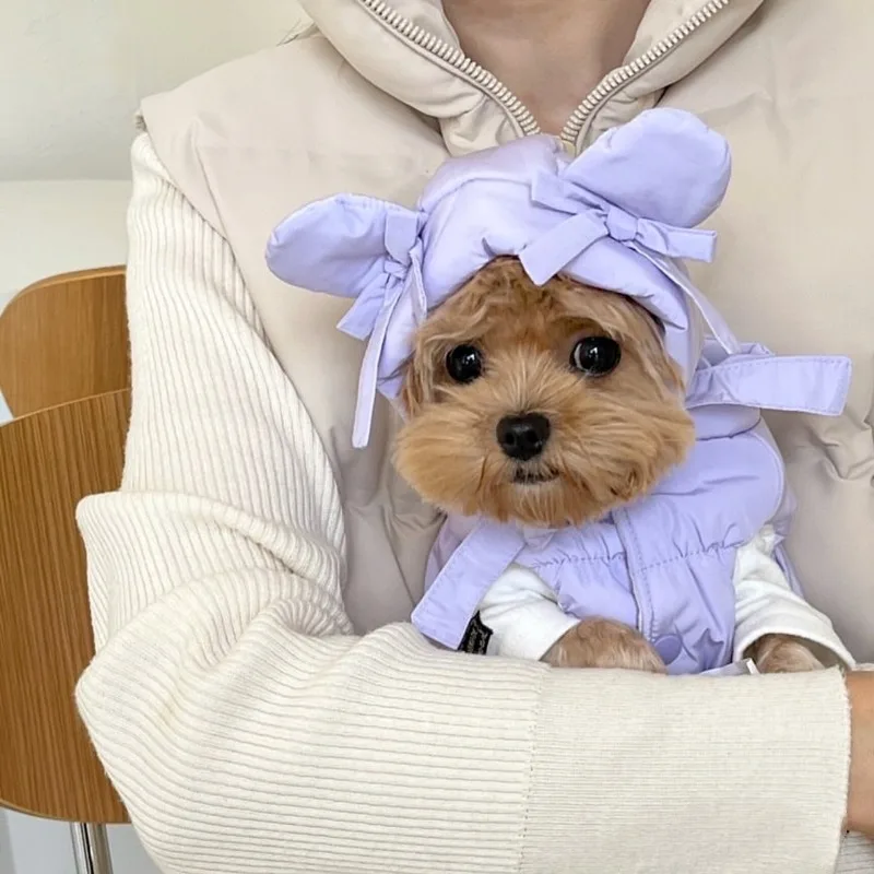 소형견용 단색 다운 재킷 애완동물 겨울 패딩 코트 테디 스타일 따뜻한 두발 스냅 잠금 의류 모자 없음