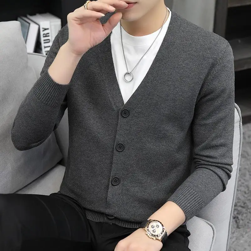 Autumn Winter New Men Sweater Coat V-Neck Solid Single Breasted Korean Fashion Casual Slim Long Sleeve Cardigan Knitted Tops 2