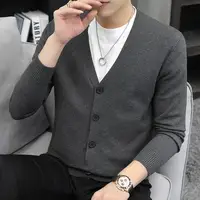 Autumn Winter New Men Sweater Coat V-Neck Solid Single Breasted Korean Fashion Casual Slim Long Sleeve Cardigan Knitted Tops 2