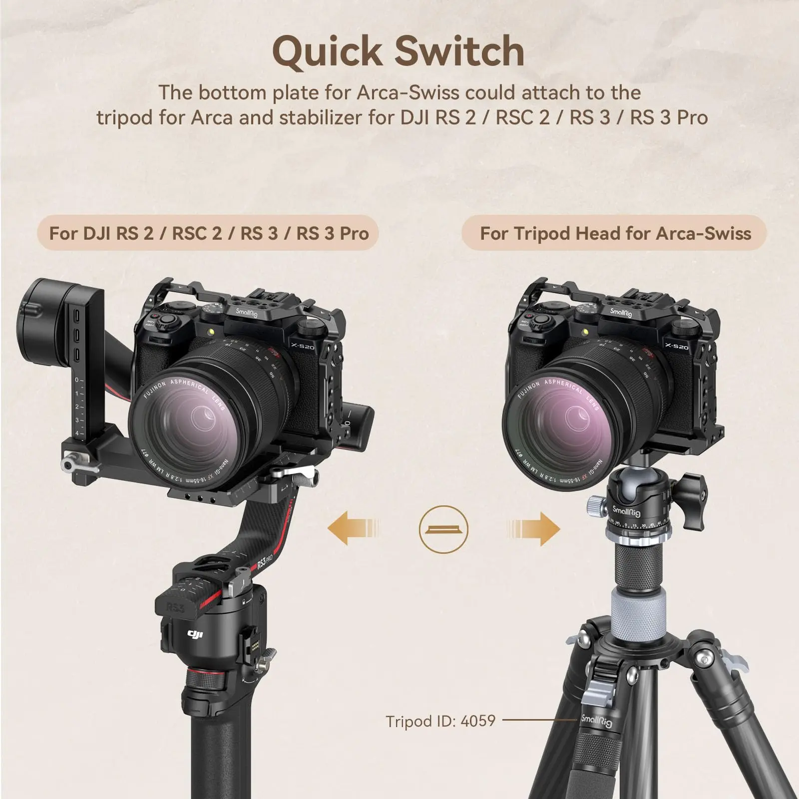 스몰리그 후지필름 X-S20 카메라 케이지, Arca Swiss 퀵 릴리스 플레이트, DJI RS 3 / RS 3 프로 짐벌, 콜드 슈 4230