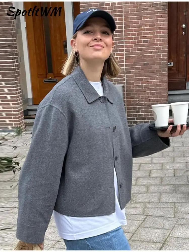 

Elegant Solid Cropped Coat For Women Fashion Lapel Single Breasted Long Sleeve Short Jackets Autumn Female Warm Casual Outerwear