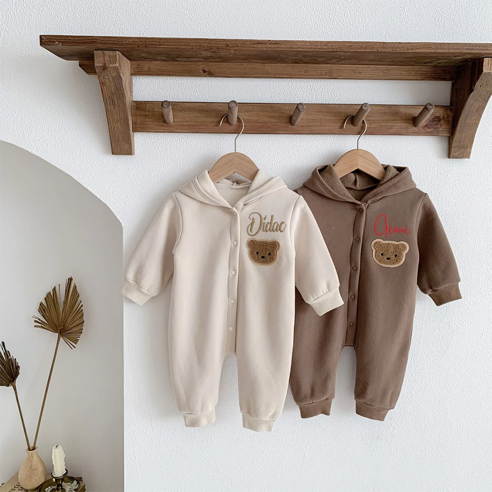 Personalized Embroidery Baby Bodysuit Thickened Autumn and Winter Bear Creeper Newborn Name Fleece Creeper
