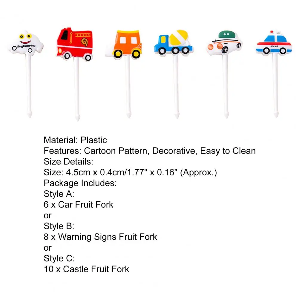 6/8/10 Pcs Fruit Fork Cartoon Traffic Sign Car Castle Cake Fork Snack Cake Dessert Food Pick Toothpick For Bento Dining Room
