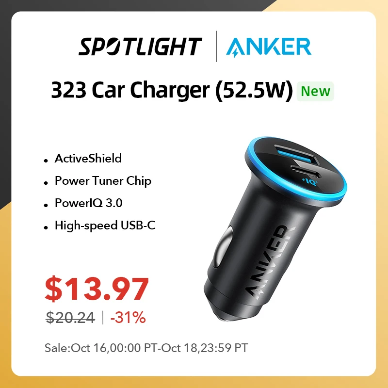Anker 52.5W USB C Car Charger Adapter Cigarette Lighter USB Charger 323 Anker Car Charger with 30W PowerIQ 3.0 Fast Charging