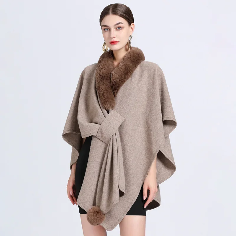 

Autumn Winter New Imitation Otter Rabbit Fur Collar Cape Large Knitted Cardigan Coat Ponchos Women Capes Khaki Cloak