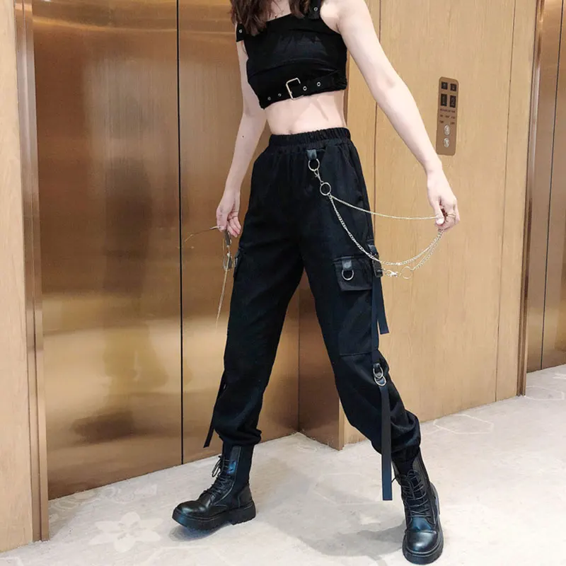 

Women Cargo Retro Straight-Leg Pants Punk Zipper Elastics High Waist Streetwear Korean Loose Pants