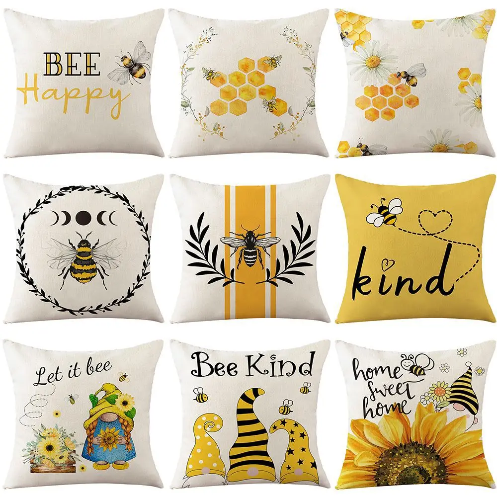 

Cute Summer Bee Happy Pillow Cover Yellow Linen Pillow Case Home Decor Decorative Pillowcases for Sofa Couch Bed 18x18 Inch