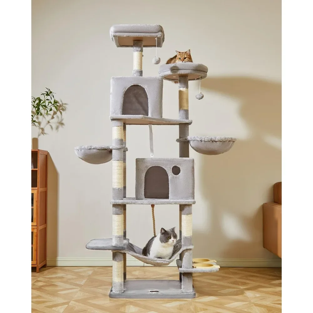 

Cat Tree Cat Tower for Indoor Cats, Plush Multi-Level Cat Condo with 12 Scratching Posts, 2 Perches, 2 Caves, Hammock, 2 Pompoms