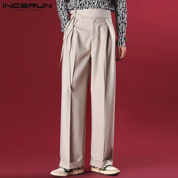 Korean Style Men's Pantalons High Waist INCERUN Wide-leg Pants Party Nightclub Show Solid Wide-leg Straight Trousers S-5XL 2024