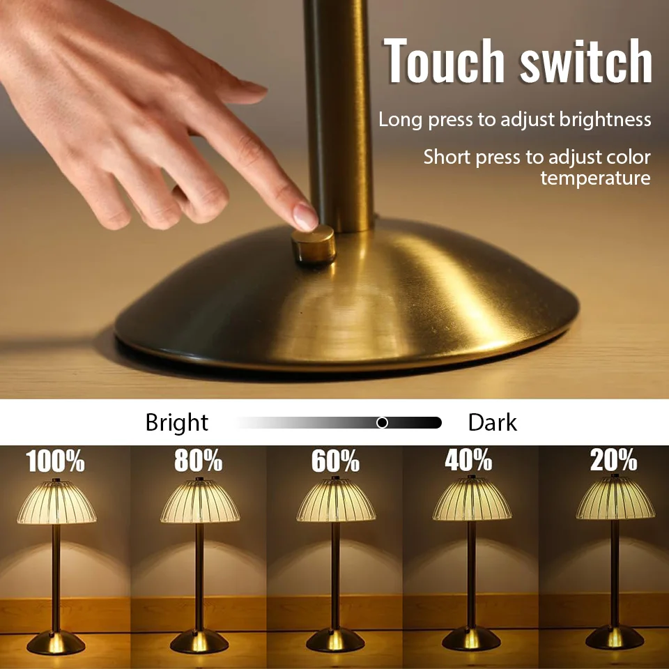 LED Table Lamp Rechargeable Wireless Reading Lamp Touch Sensor Dimmable Desktop Night Light for Hotel Bar Bedroom Decor Light
