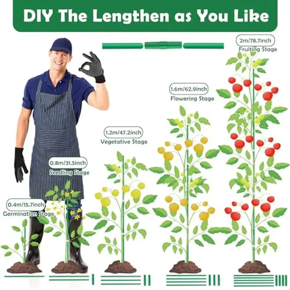 Garden Stakes Set 393PCS Fiberglass Plant Sticks Supports DIY 4ft 5ft 6ft 7ft Tomato Stake Accessories Clips Connectors Rubber