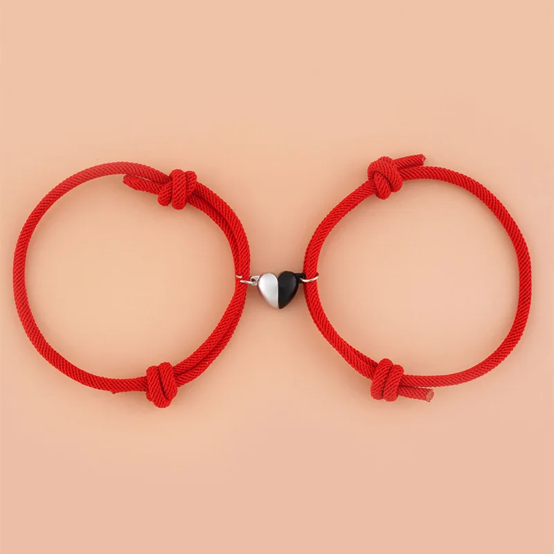 Fashion Black and White Heart Braided Rope Couple Bracelet Magnetic Attraction Shape Adjustable Bracelet Friendship Jewelry metal bracelet
