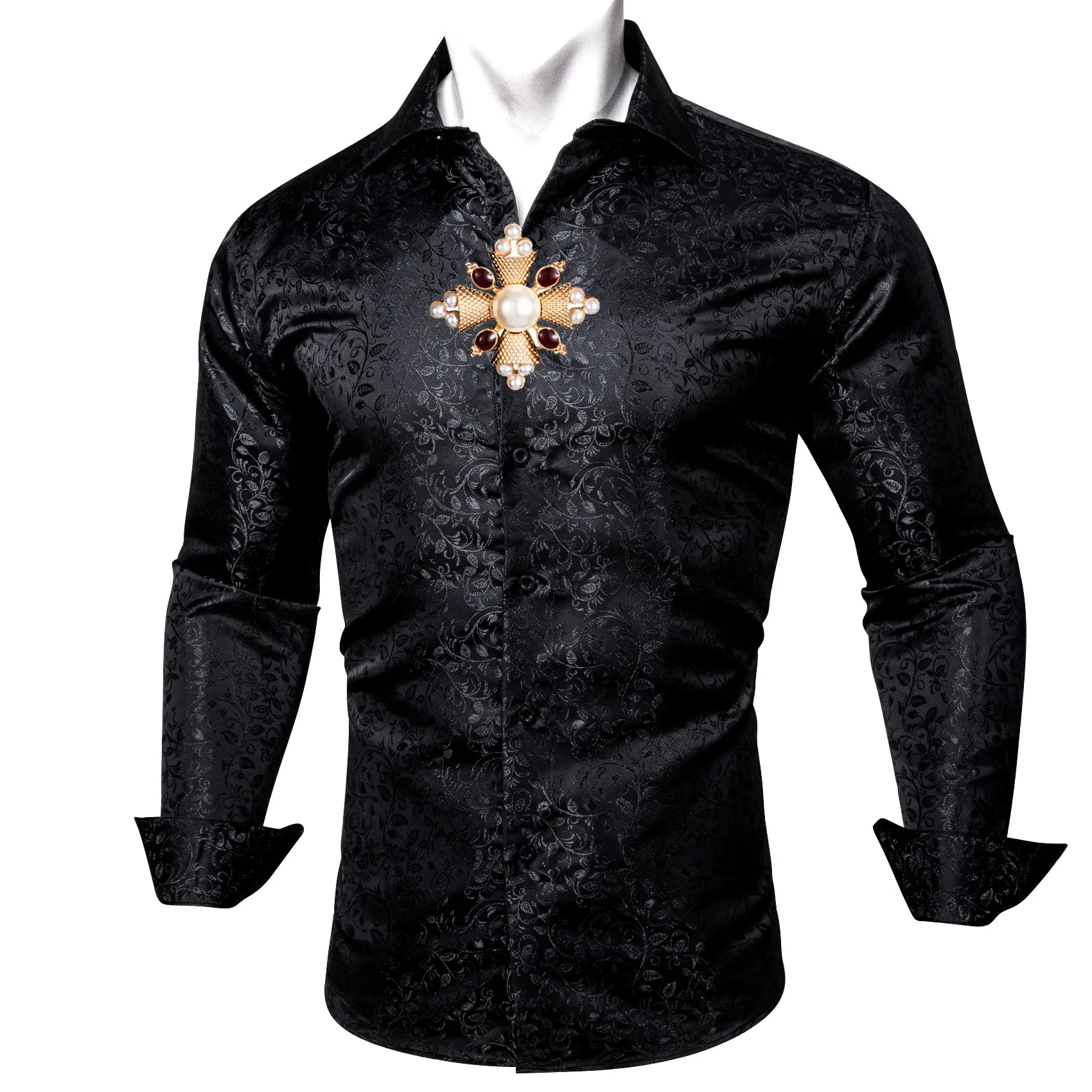 Designer Men Silk Shirt Fashion Jacquard Lapel Floral Luxury Men Long Sleeve Casual Fit Shirt Wedding Party Business Barry.Wang