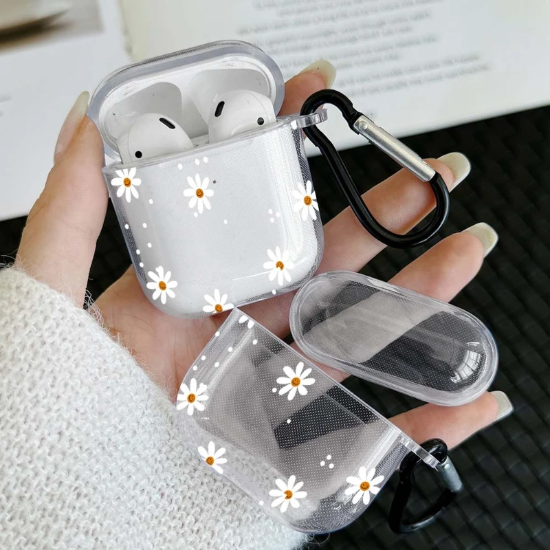 Transparent TPU Flower Pattern Wireless Bluetooth Case with Hook - Protective Cover