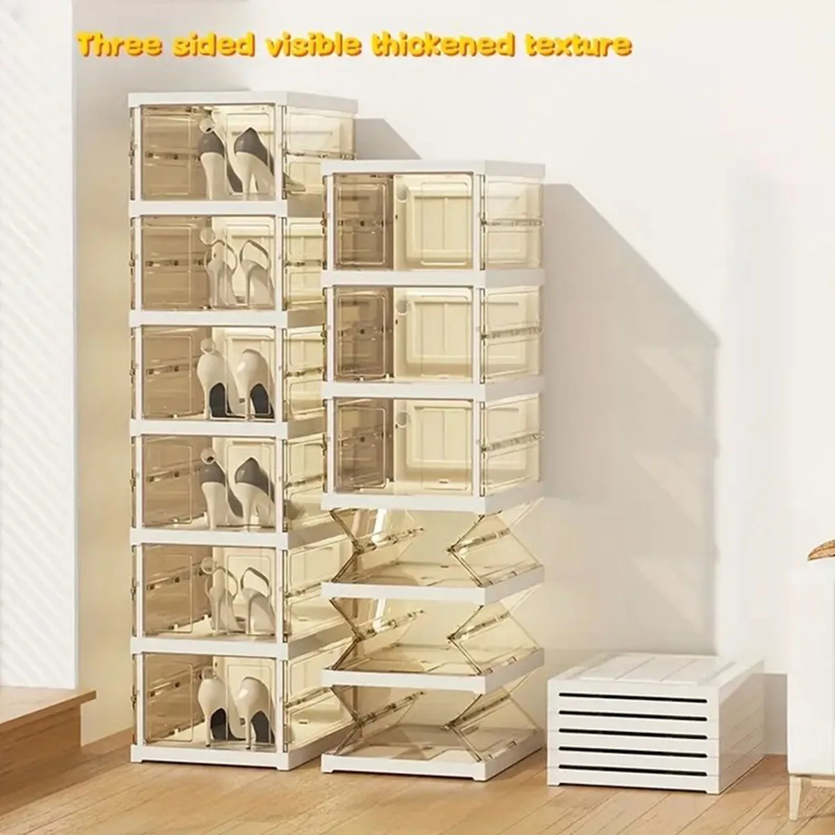 1PC Space-Saving Foldable Shoe Organizer-Transparent Plastic Storage Box for Shoes & Accessories, No Assembly Required