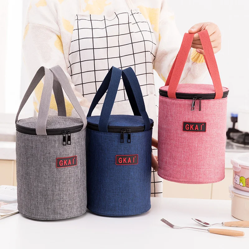 Oxford Cloth Portable Cylindrical Lunch Bag Thermal Cooler Bag Large Capacity Waterproof Picnic Meal Bag Ice Pack for School