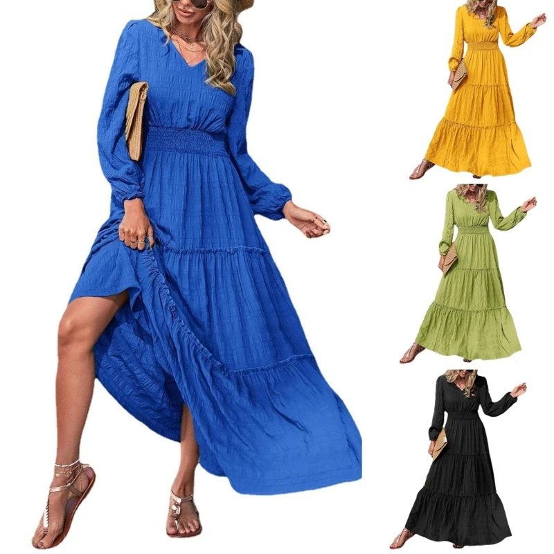 

Womens Long Sleeve Solid Maxi Dress Layered V-neck Long Dress for Party Club