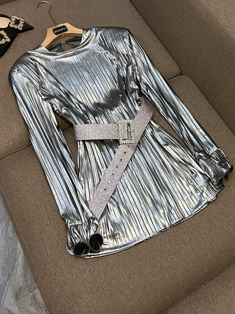 

HIGH Quality 2023 Fashion Women's Sexy Luxury Glitter Flare Long Sleeve Belted Pleated Mini Party Dress