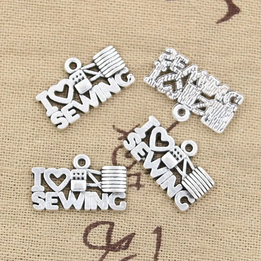 20 Stück Charms „I Love Sewing“, 20 x 12 mm, antike Bronze, silberfarben, Anhänger, DIY, handgefertigt, tibetische Bronze, silberfarbener Schmuck