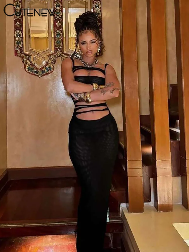 

Cutenew шикарное Женское Платье макси с вырезом, сексуальное однотонное Сетчатое прямое боди на бретелях-спагетти, модное женское платье