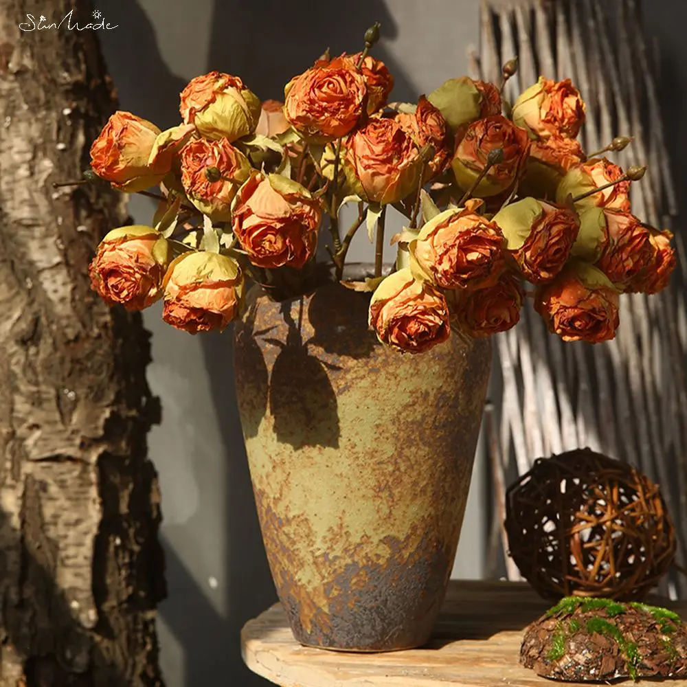 SunMade 3 Heads Dried Looking Vintage Roses Silk Artificial Flowers Home  Wedding Decor Red Rose Fall Decore Flores Artificales - AliExpress, image size:1000x1000