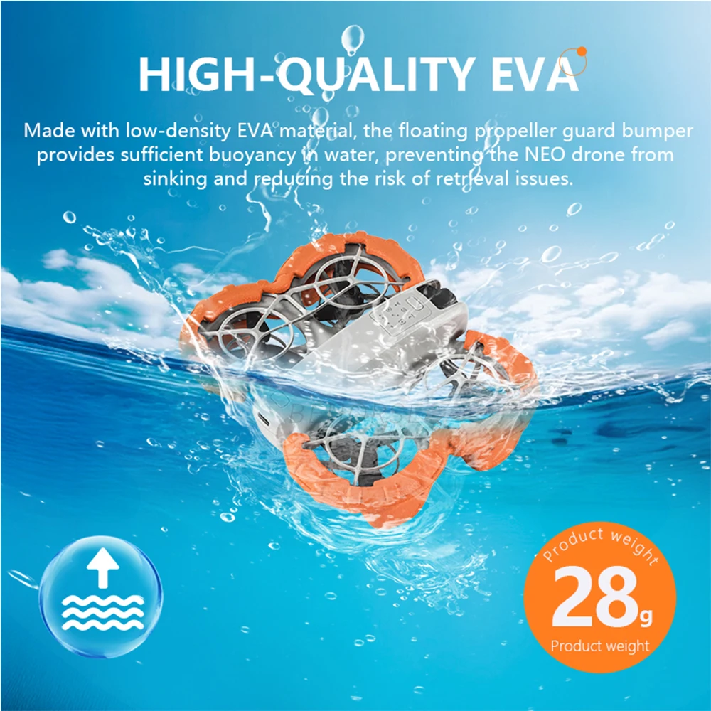 Anneau flottabilité anti-collision DJI Neo 2 flottant à la surface de l'eau, drone partiellement immergé.