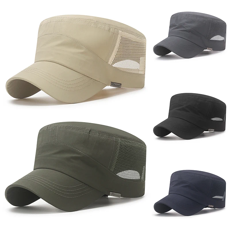 New Quick-Dry Military Cap Summer Mesh Flat Top Man Caps Women Men Sunscreen Army Cap Breathable  Retro Army Hats_voghion.com