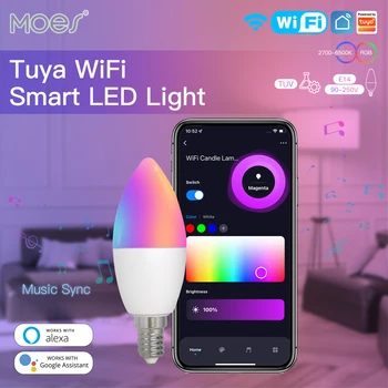 MOES 와이파이 스마트 LED 전구, E14 촛불 램프, 16 만 RGBCCT, 2700-6500K, 조도 조절 촛대 조명, 투야 알렉사 구글 90-250V, 6W