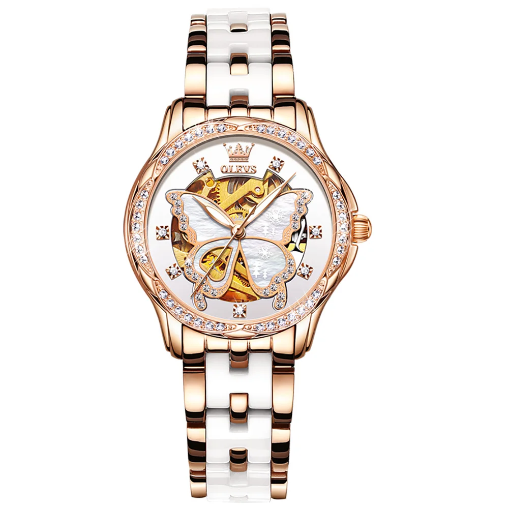 

OLEVS Top Brand Mechanical Women Watch Fashion Switzerland Luxury Brand Ladies Wrist Watch Automatic Leather Strap Gift