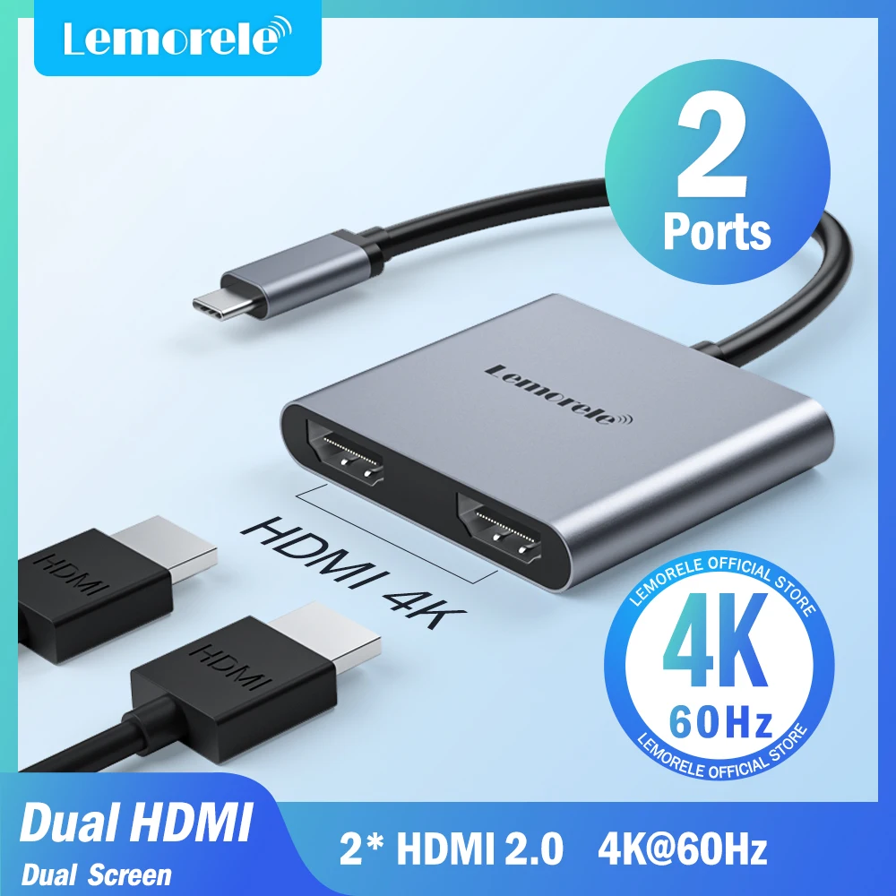 Фото Док-станция Lemorele с 2 портами USB C на два HDMI, 4K, 60 Гц №1