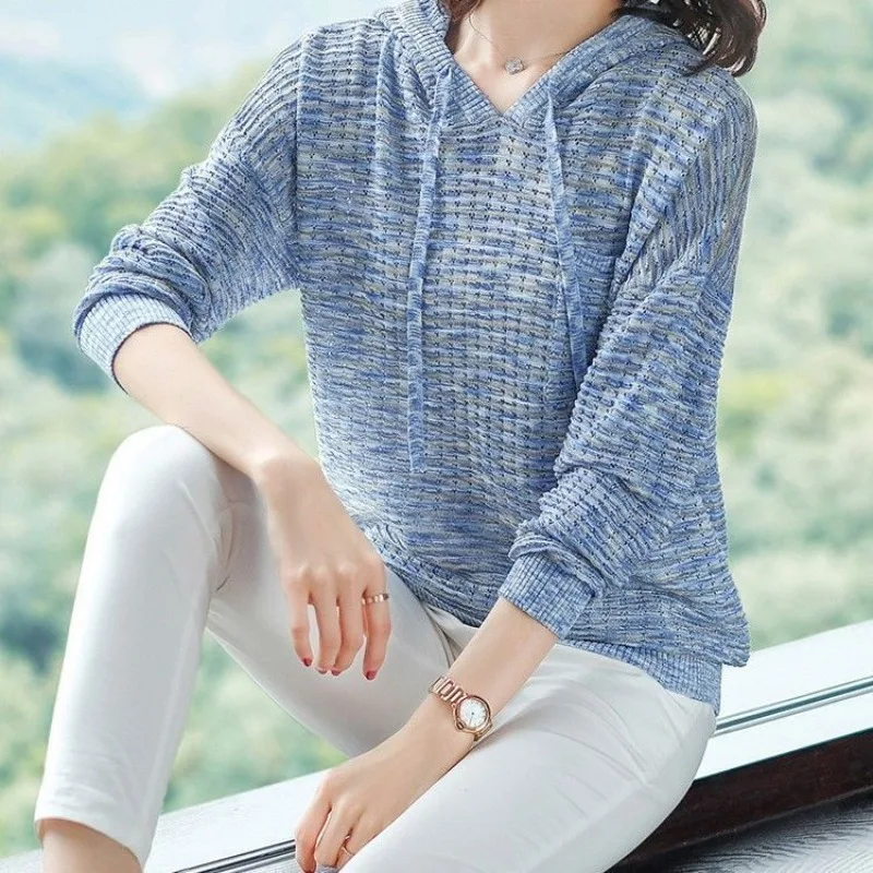 Женский однотонный пуловер, ажурный свитер в стиле пэчворк, модные вязаные топы с длинным рукавом и воротником с капюшоном и кулиской на весну и осень