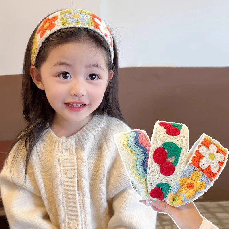 Sweet Flower Embroidery Kids Hair Hoops Colorful Knit Woolen Autumn Winter Wide Hairband for Girl Headwear hair bands hair accessories hair headband accessories