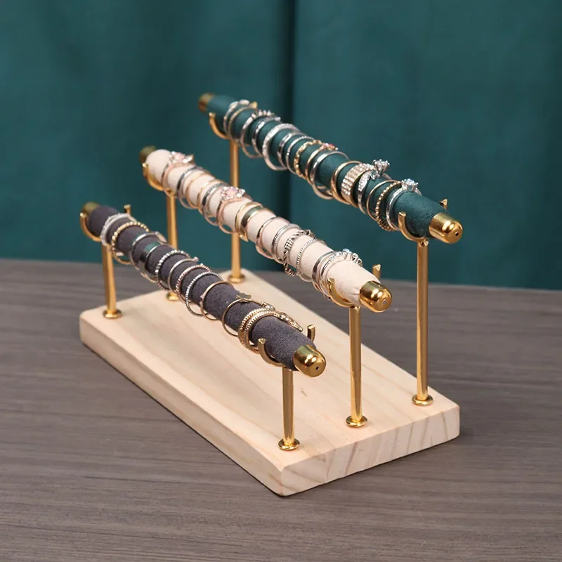 Elegant Wooden Ring Display Stand with Multi-Layer Sponge Holder and Detachable Metal Frame