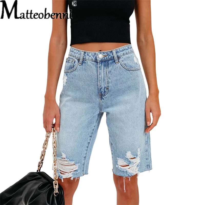 Summer Short Jeans Female 2023 Fashion Five-piece Denim Pants Broken Hole Streetwear Women Casual Mid-waist Light Blue Trousers