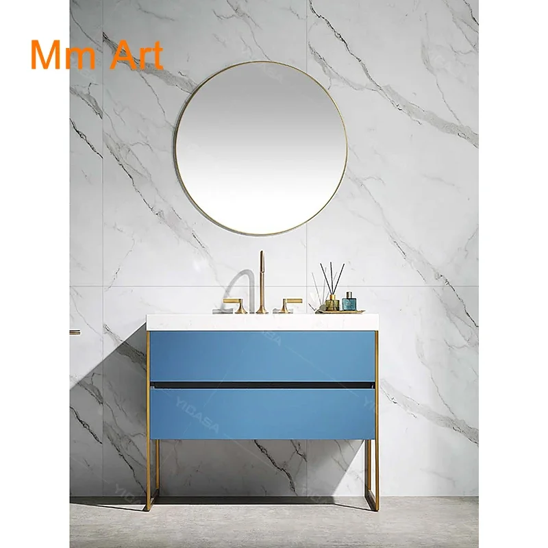 Blue double bathroom vanity set artificial stone wash top large capacity storage cabinet color and size