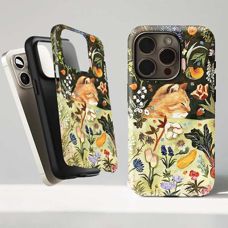 Floral Cat Design 2-in-1 Protective Phone Case with Screen Protector