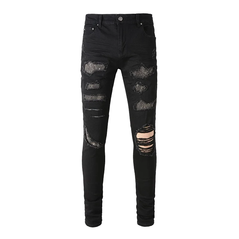 Men Crystal Stretch Denim Jeans Holes Ripped Black Cotton Pants Streetwear Skinny Tapered