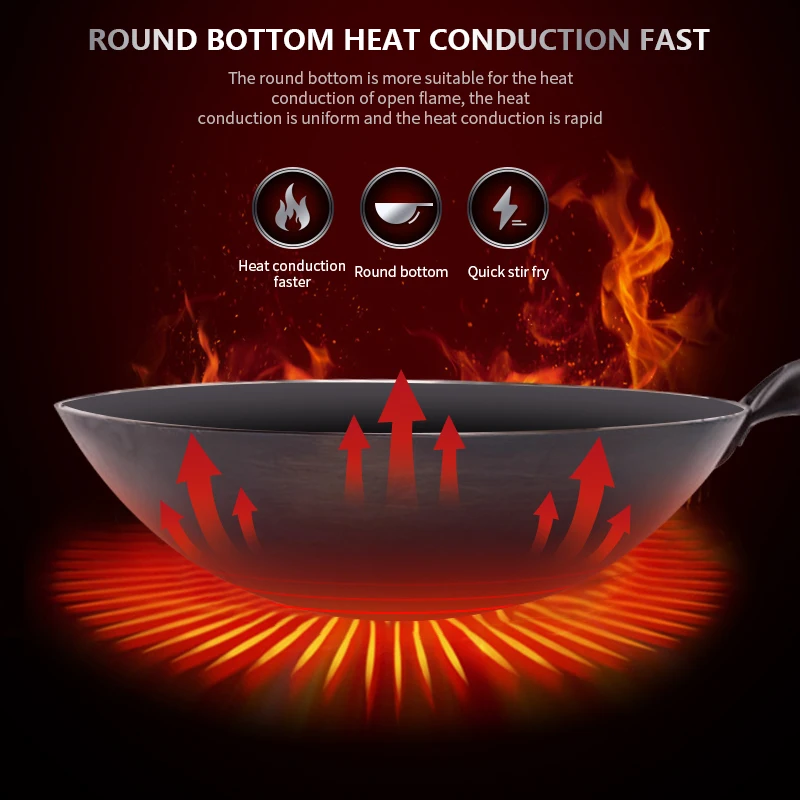 Traditional Iron Wok Non-coating Hand forged Kitchen Pan Wooden Handle