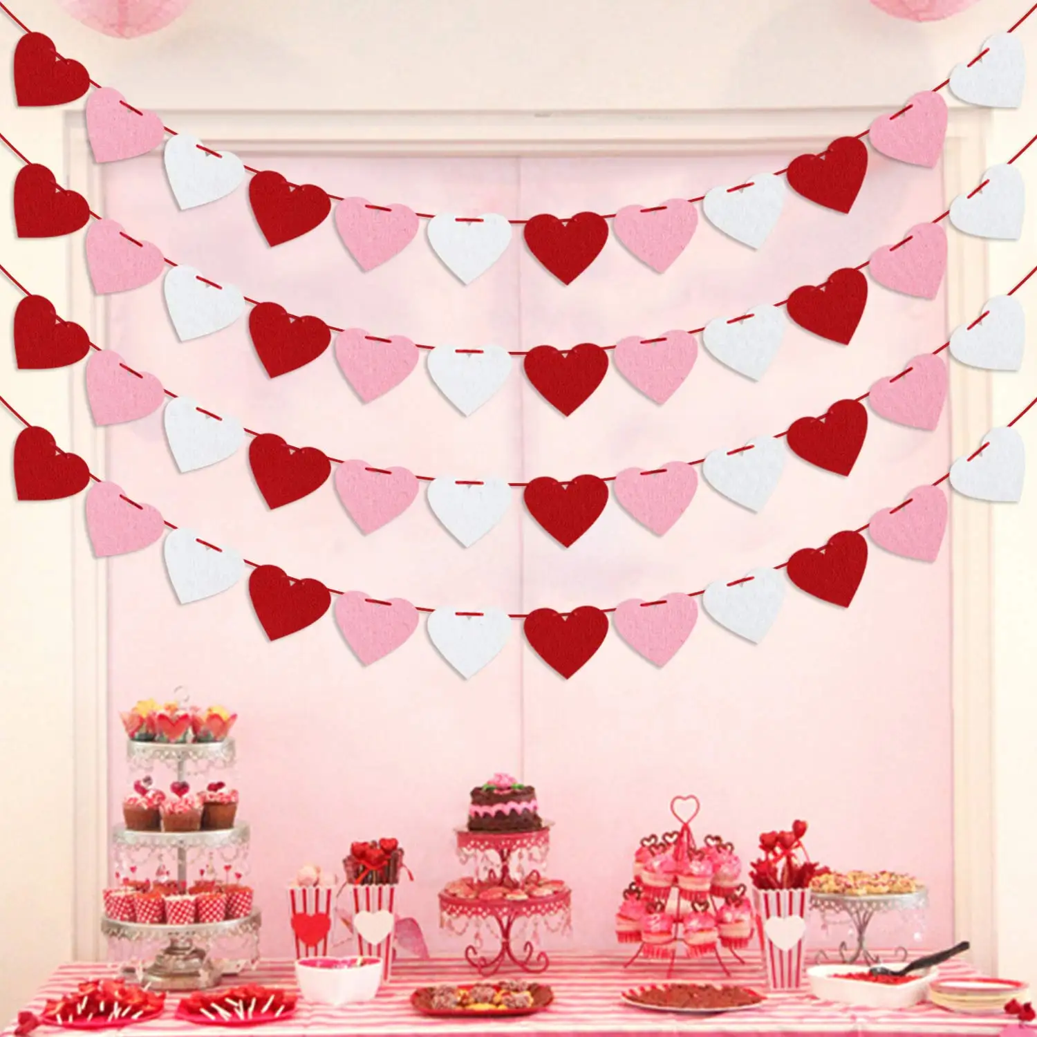 Party Decorations Wool Felt Ball Garland Valentines Felt Heart Garland Banner Pre-Strung Valentines Decorations Love Heart Banner Anniversary Wedding
