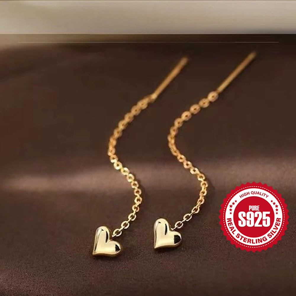 

MC S925 Sterling Silver Long Tassel Chain Bling Zircon Heart Pendants Stud Earrings for Women's Hanging Earings Fine Jewelry 2pc
