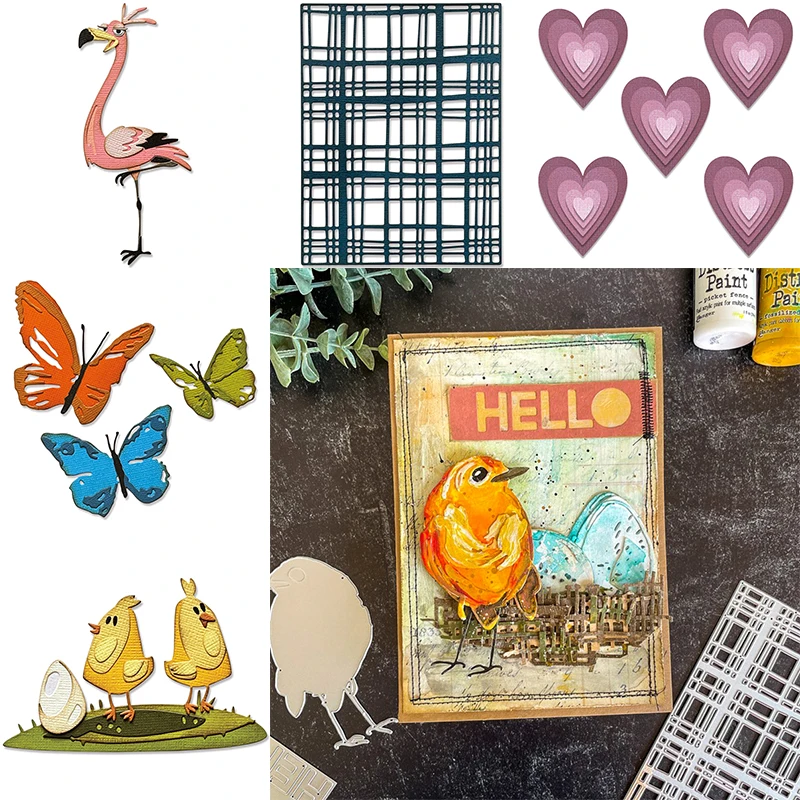 

Cute Chick Flamingo Butterflies Metal Cutting Dies Layered Love Hearts Gird 2022 DIY Scrapbooking Crafting Decoration Cards